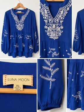 Luna Moon XL Cobalt Blue Embroidered Boho Peasant Blouse Cottagecore